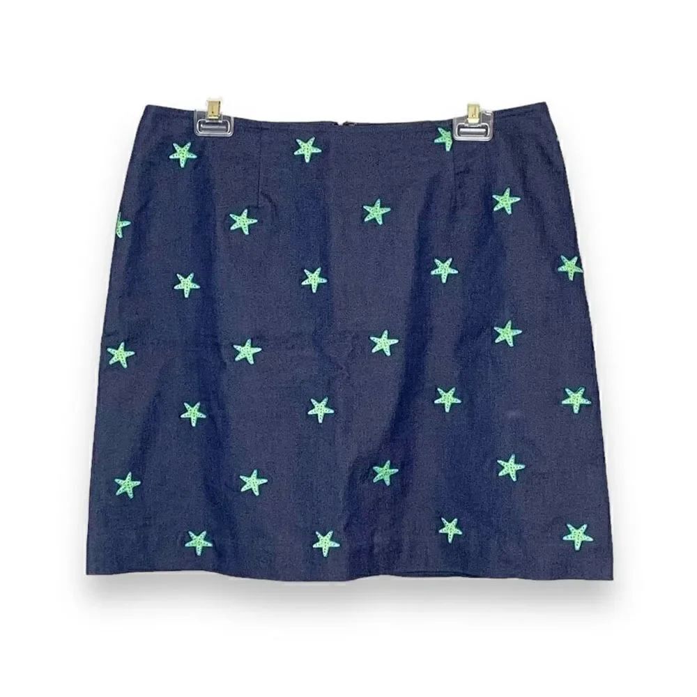 Lilly Pulitzer Women’s Skirt Blue Denim Green Starfish Print A-Line Above Knee 8
